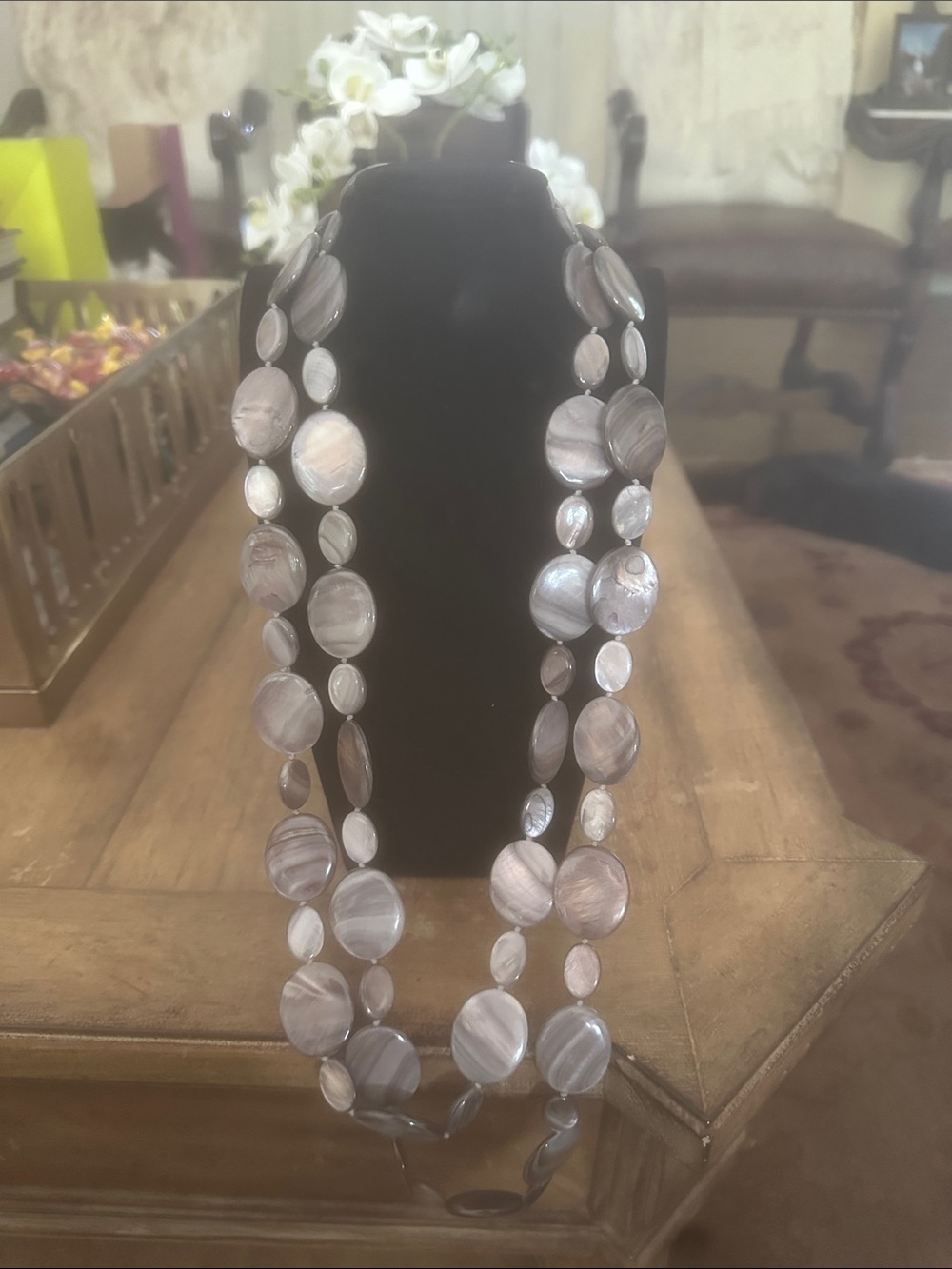 Jay King Gray Striped Agate Bead Double Strand Necklace